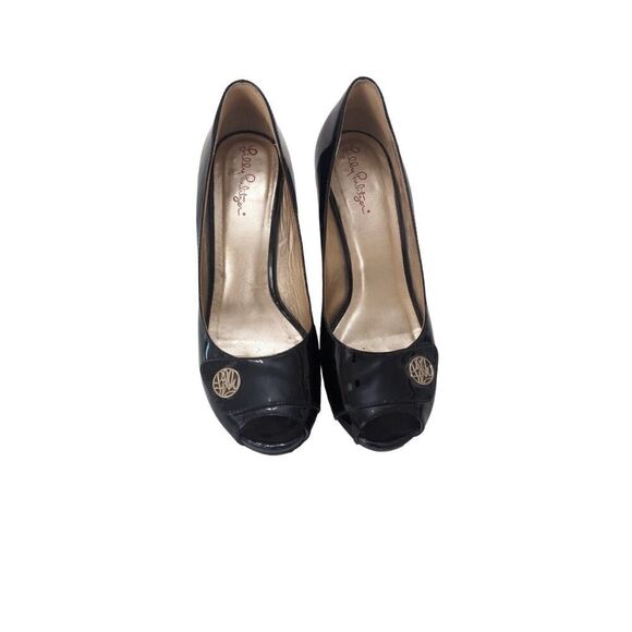 Lilly Pulitzer Platform Wedge Black Patent Leather Peep Toe Shoe Size 9 - Picture 3 of 8